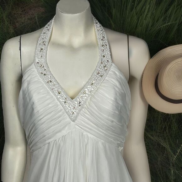 White Wedding Dress Sleeveless Halter Gown Embellished Bead Train V Neck Small 6 - Picture 4 of 6